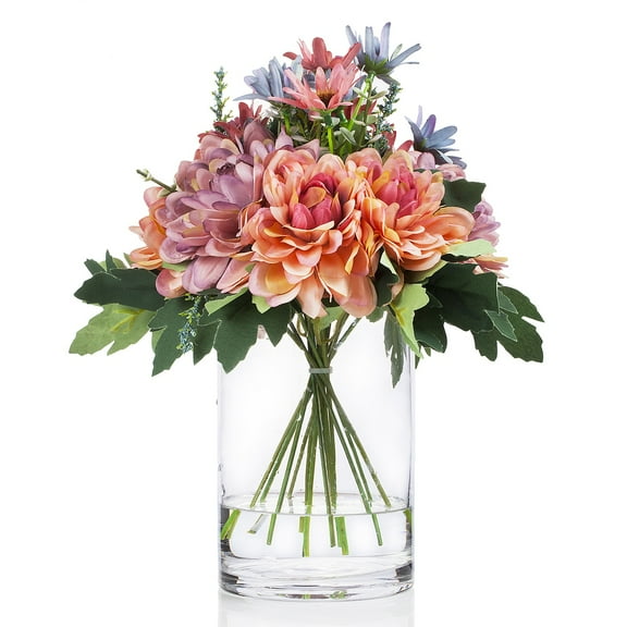 Enova Home Artificial Mixed Silk Daisy Flowers Arrangement in Clear Glass Vase with Faux Water (Purple Pink)