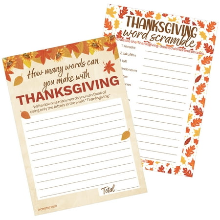 Thanksgiving Party Game Bundle – Word Scramble and Thanksgiving Word Anagram – 25 Dual-Sided Game Cards - Distinctivs