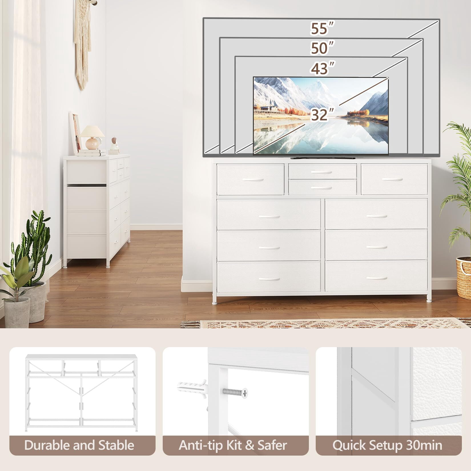 Emorefun TV Stand for 55 Inch TV, Entertainment Center with 10 Drawers for Living Room, Closet, Entryway, Hallway, White