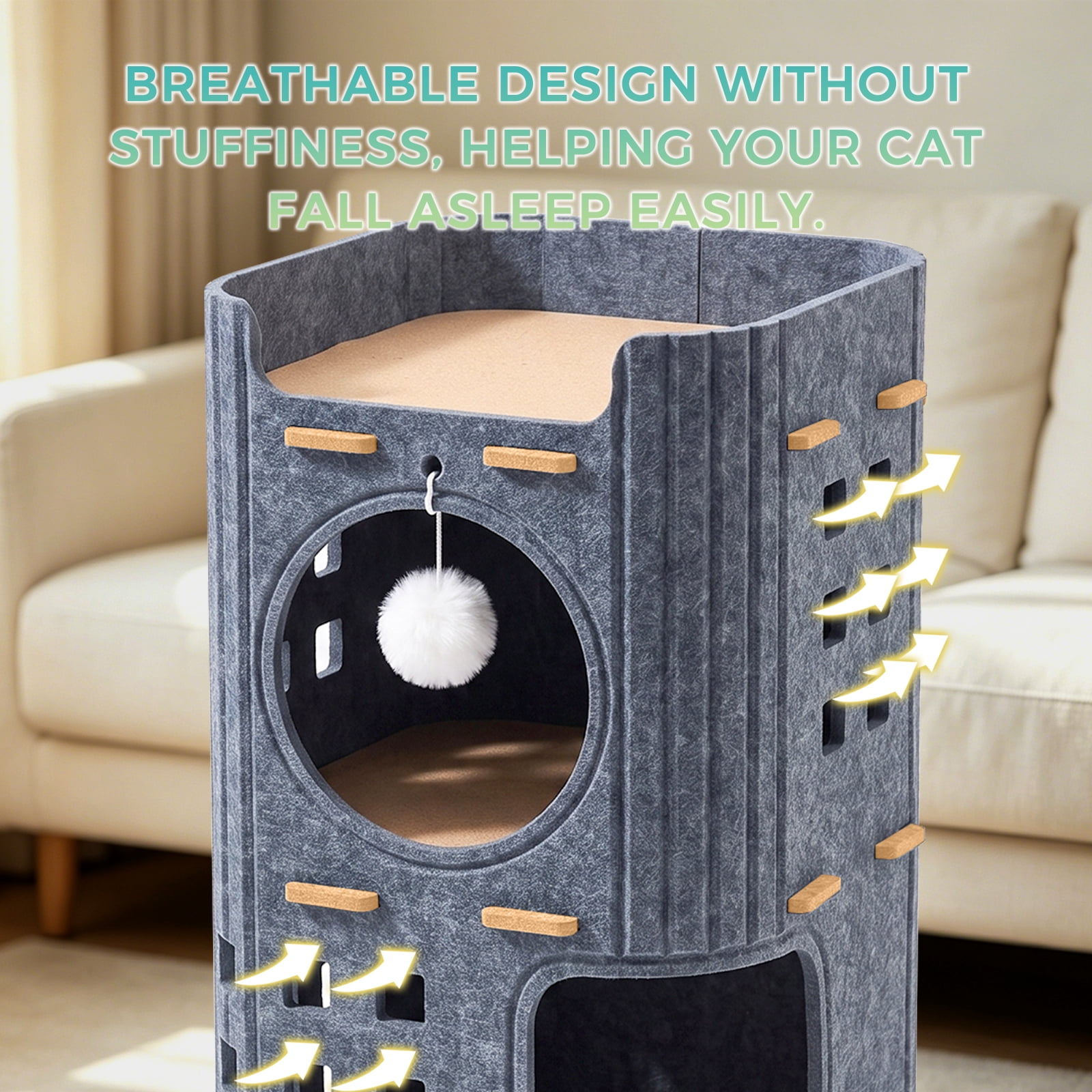 Felt Cat House for Cats, Kittens, Covered Tunnel & Condo with Dual Door Holes, Hanging Fur Ball, Warm & Scratch-Resistant, Cozy Cave for Indoor Outdoor Use, 35*35*60cm