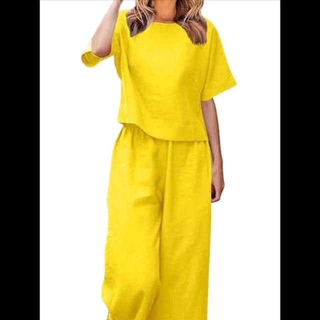 Conjunto de 2 Piezas para Mujer: Blusa de Media con Cuello y Pantalón con Bolsillos, Informal para el Trabajo y Viajes. Amarillo XXL