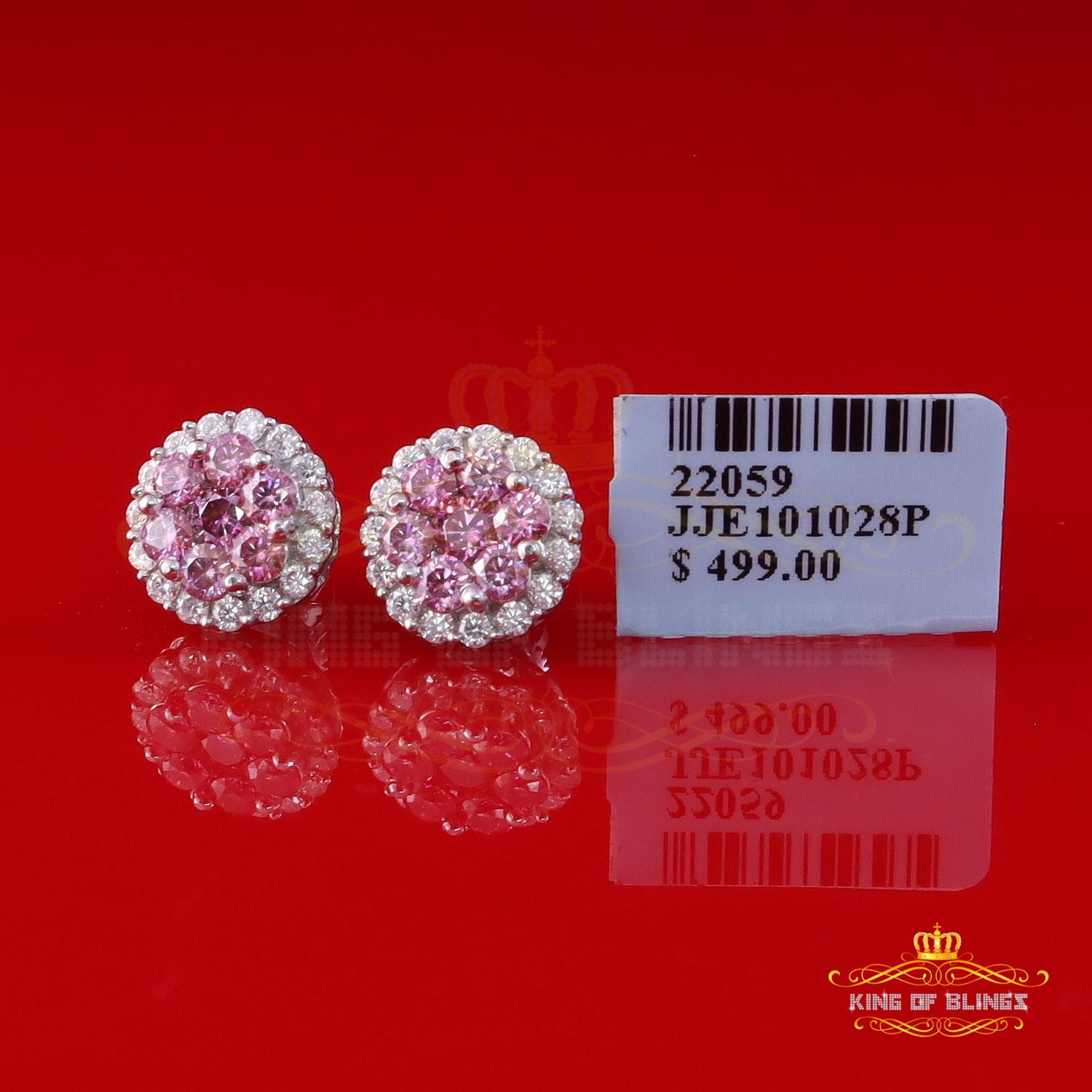 King of Bling's Men's/Women's 925 Silver White 2.00ct VVS D Pink Moissanite Round Stud Earrings