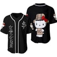 thumbnail image 1 of Traje de béisbol con estampado 3D de letras de Hello Kitty, jersey de manga corta, cuello redondo, cárdigan con botones, traje de bola fino, 1 of 5