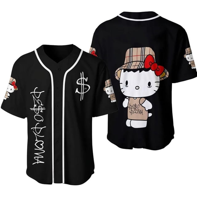 Traje de béisbol con estampado 3D de letras de Hello Kitty, jersey de manga corta, cuello redondo, cárdigan con botones, traje de bola fino