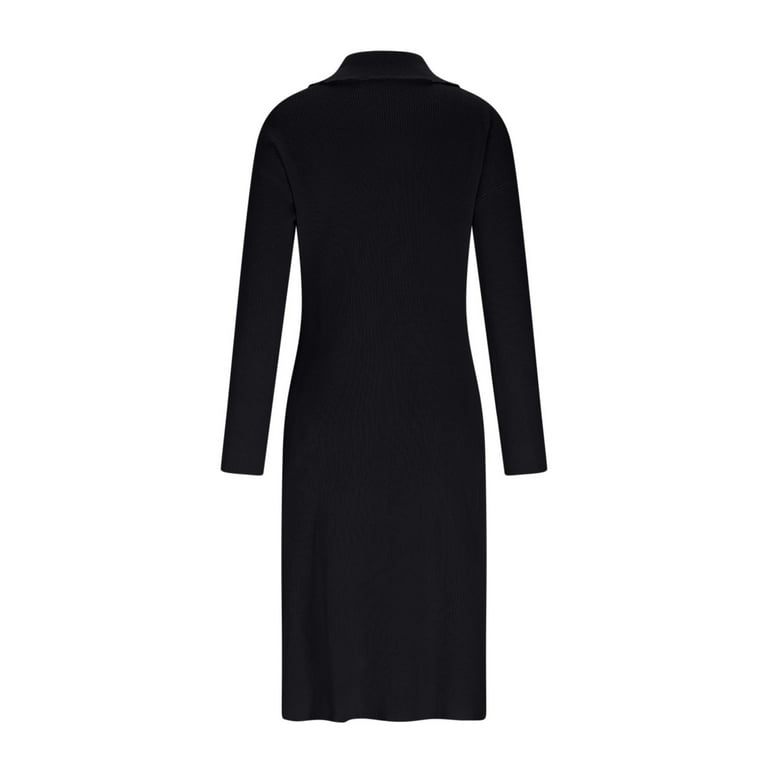 FRSASU Women's Button-Front Knit Shift Sweater Dress  Fitted Ribbed Long  Sleeve Polo Collar Casual Midi Dress with Pockets Black - Walmart.com