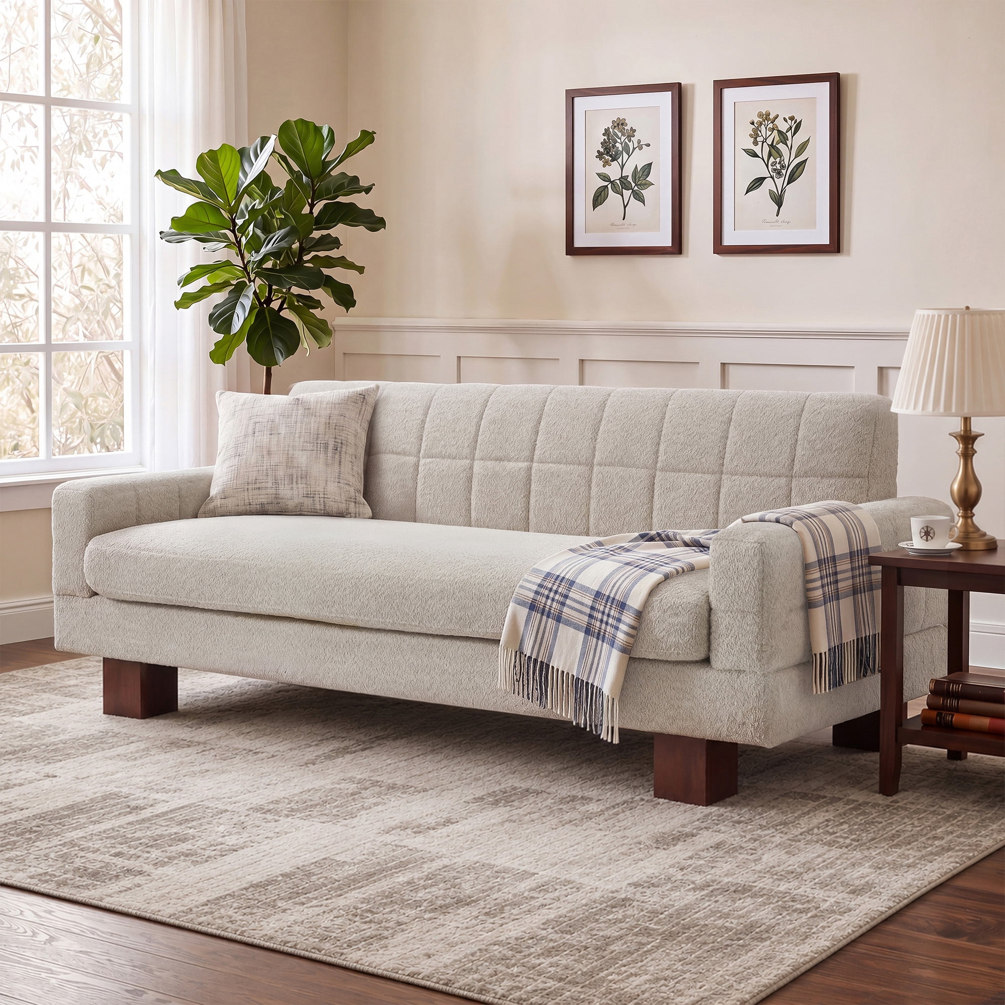 Leumius Loveseat Sofa, Boucle Fabric Biscuit Back Loveseat with Square Arms and Single Cushion Seat, Upholstered 2-Seater Couch for Living Room and Bedroom, Oatmeal
