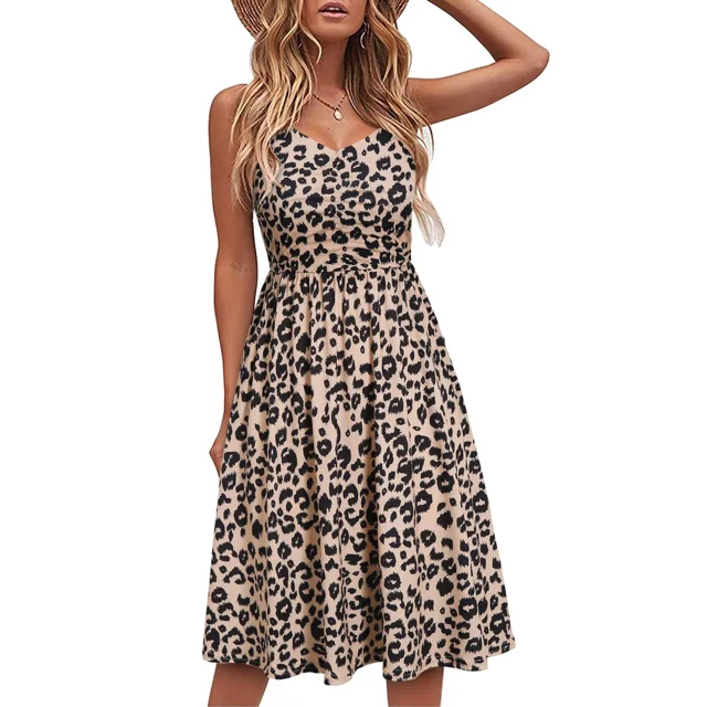 Vestido de verano con falda midi bohemia y corsé plisado con cuello en V y tirantes finos con estampado de leopardo para mujer S