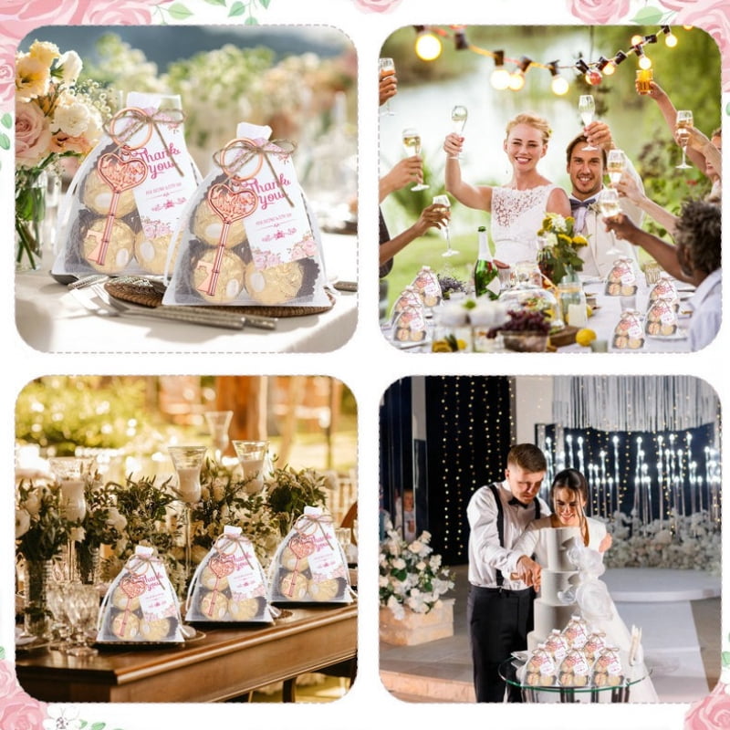 96 Pcs Rose Gold Bottle Opener Keychain Party Favors Set, Wedding Bridal Shower Quinceanera Favors for Guests, Heart Key Bottle Opener with Thank You Tags Organza Bags Gift Pack