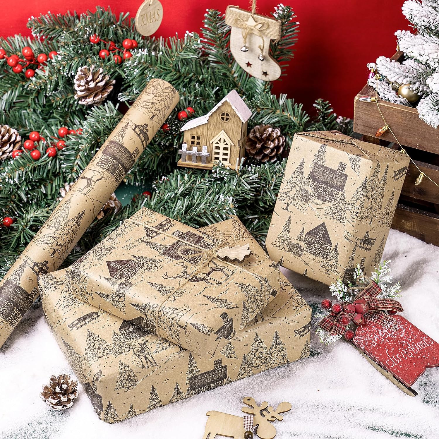 Kraft Christmas Wrapping Paper Roll, Mini Roll, Vintage Black Winter Cabin and Forest Scene Design, Rustic Holiday Gift Wrap for Women, Men, Xmas Gifts, Winter Party, 17 Inches x 16.4 Feet