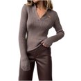 thumbnail image 2 of Sakmal Sweaters Women Pullover Brown Cozy Ribbed Tops V Neck Solid Fashion Long Sleeve Sweaters for Women, 2 of 6