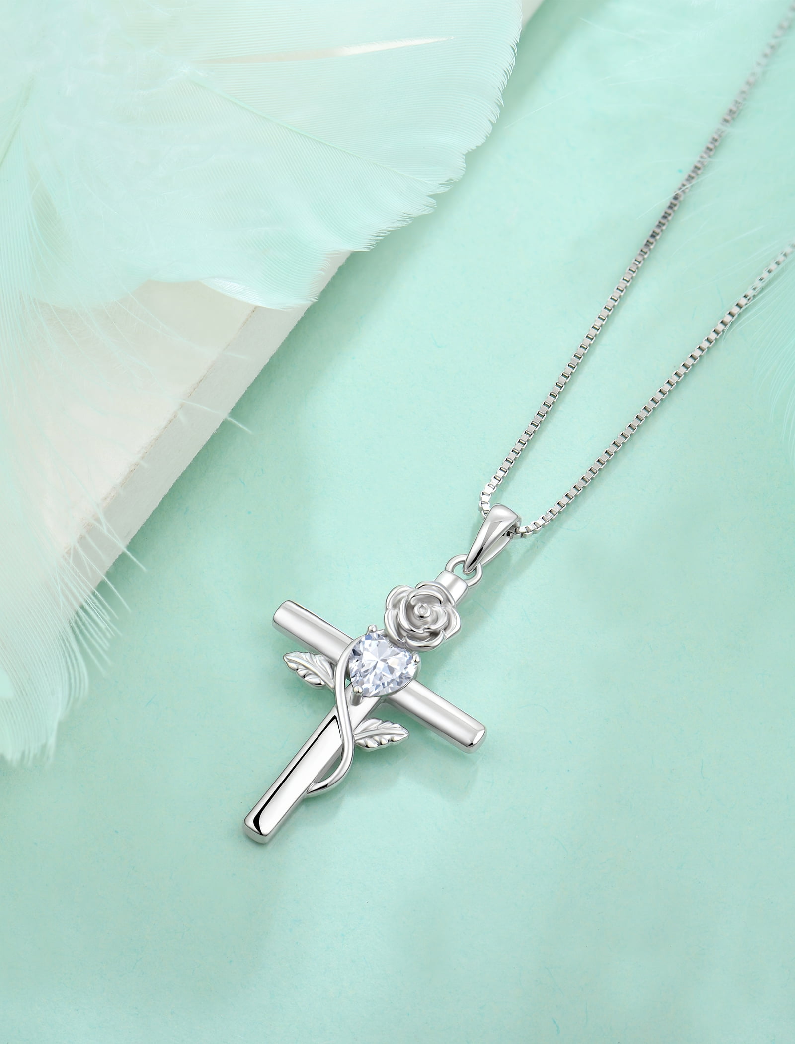 VESITIM Cross Pendant Necklace Sterling Silver Infinite Rose Flower Necklace Women Faith Jewelry Gift with Birthstone April Cubic Zirconia