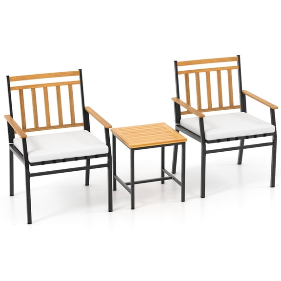 Furnibear 3 Pieces Outdoor Furniture Set Acacia Wood Patio Conversation Set with Cushions and Side Table for Balcony Garden, Off White