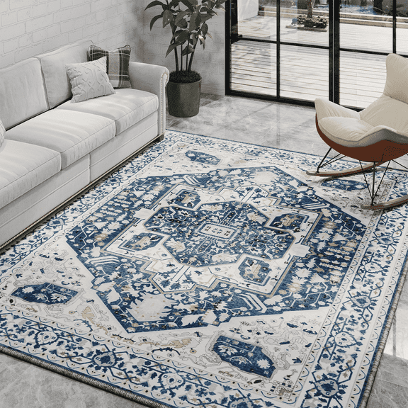 EnHomee Area Rugs for Living Room 5x7 Area Rugs for Bedroom Rug with Rubber Backing Washable Rugs Low Pile Carpet, Vintage, Non-Slip, Blue and White