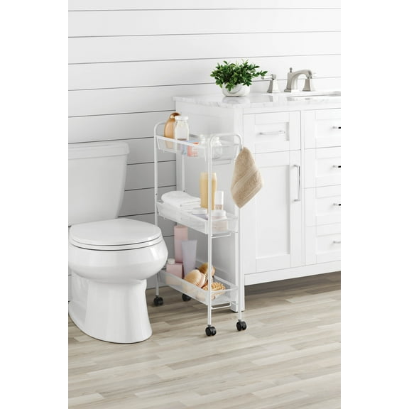 Mainstays 3-Tier Slim Rolling Bathroom Storage Cart with Hooks, White