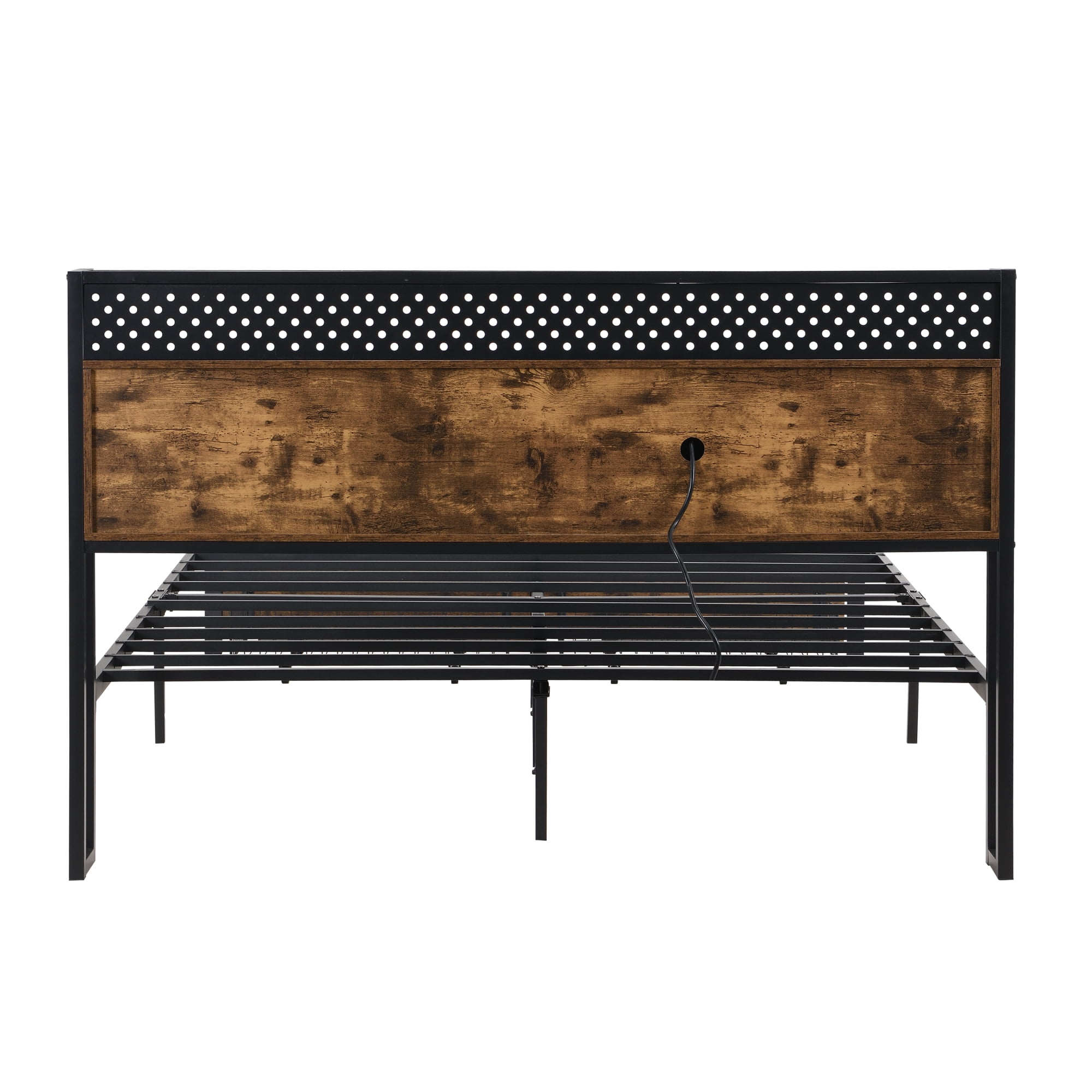 Leumius Queen Size Bed Frame with LED Lights, Industrial Platform Bed with Charging Station & 2 Drawers & Storage Shelf, Queen