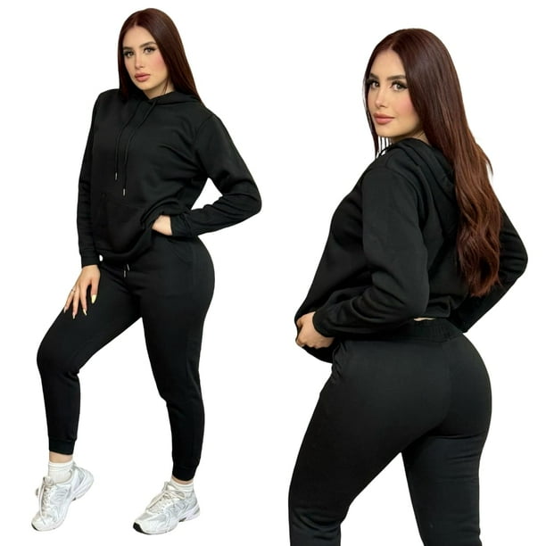 Conjunto Deportivo Mujer Casual Color Negro Sudadera y Jogger Comfy Fit JeraModa