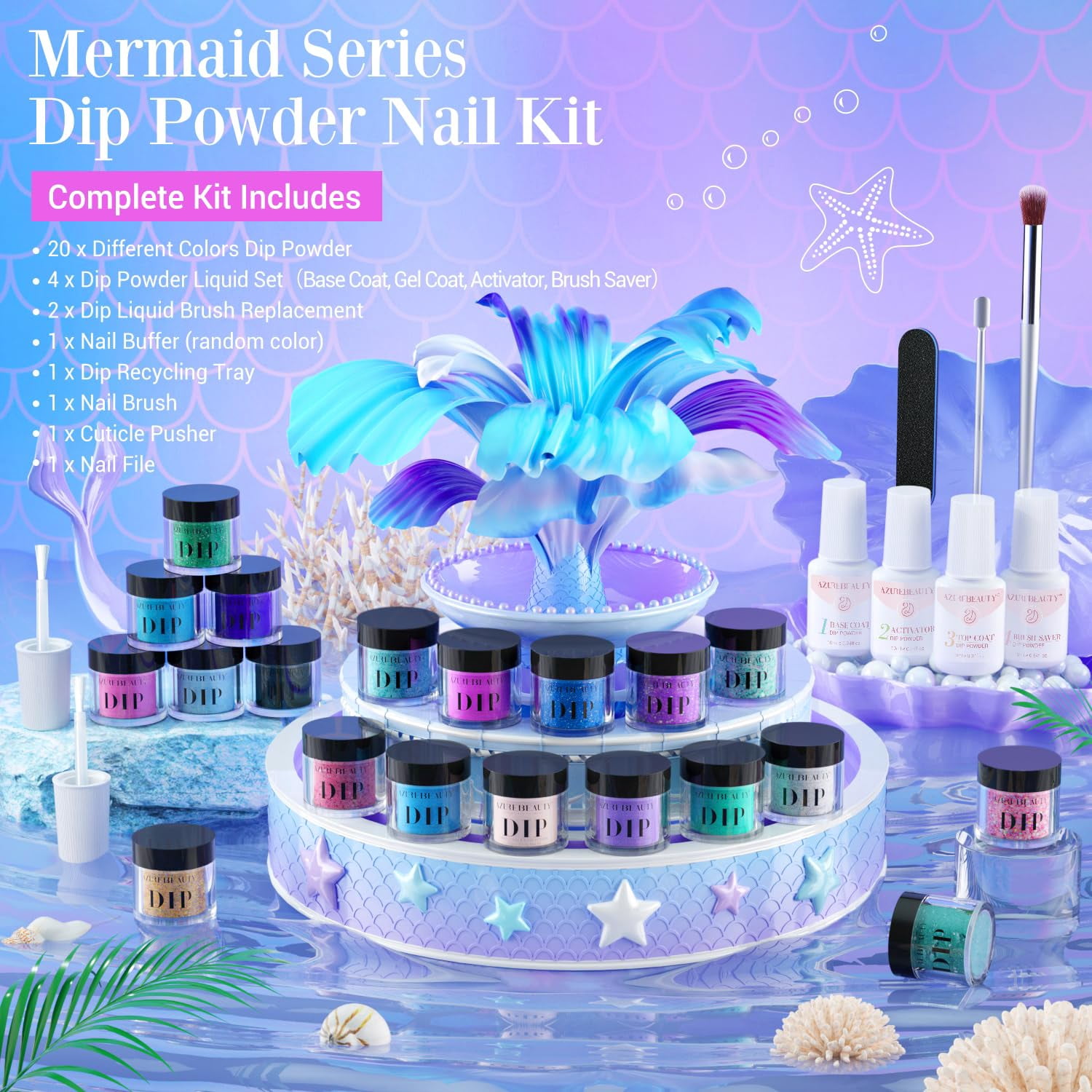 AZUREBEAUTY 31 Pcs Dip Powder Nail Kit Starter 20 Colors Glitter Nude Green Mermaid Serie Dip Powders Liquid Set with Base Top Coat Activator French Nails Art Manicure DIY Salon Christmas Gift