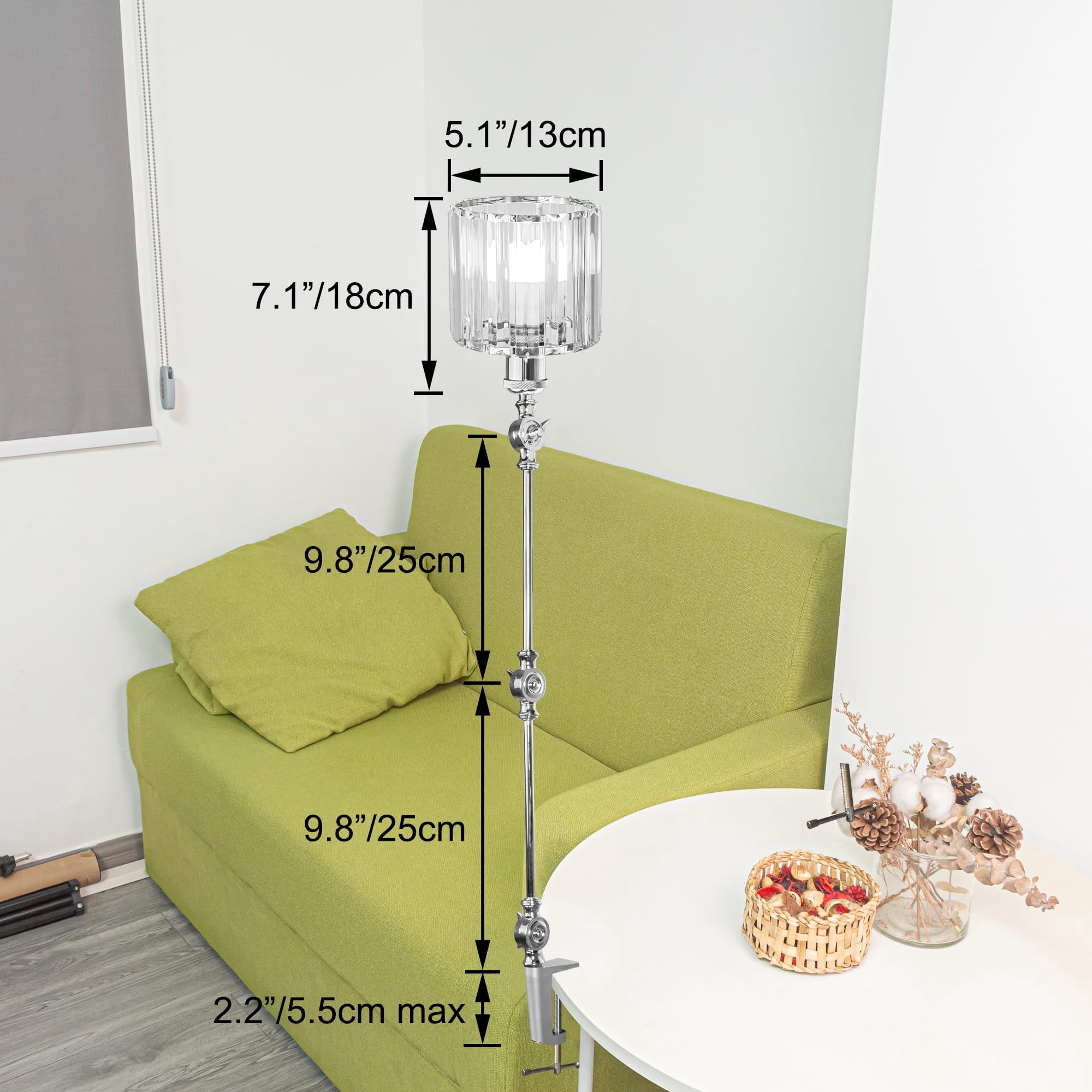 Kiven Dimmable Clip-on Desk Lamp, 1-Light Crystal Modern Nightstand Lamp with Flexible Swing Arm, 8.2FT Plug in Cord, Decorative Clamp Lamp for Bookshelf Office Bedside E26 Sokcet,Silver