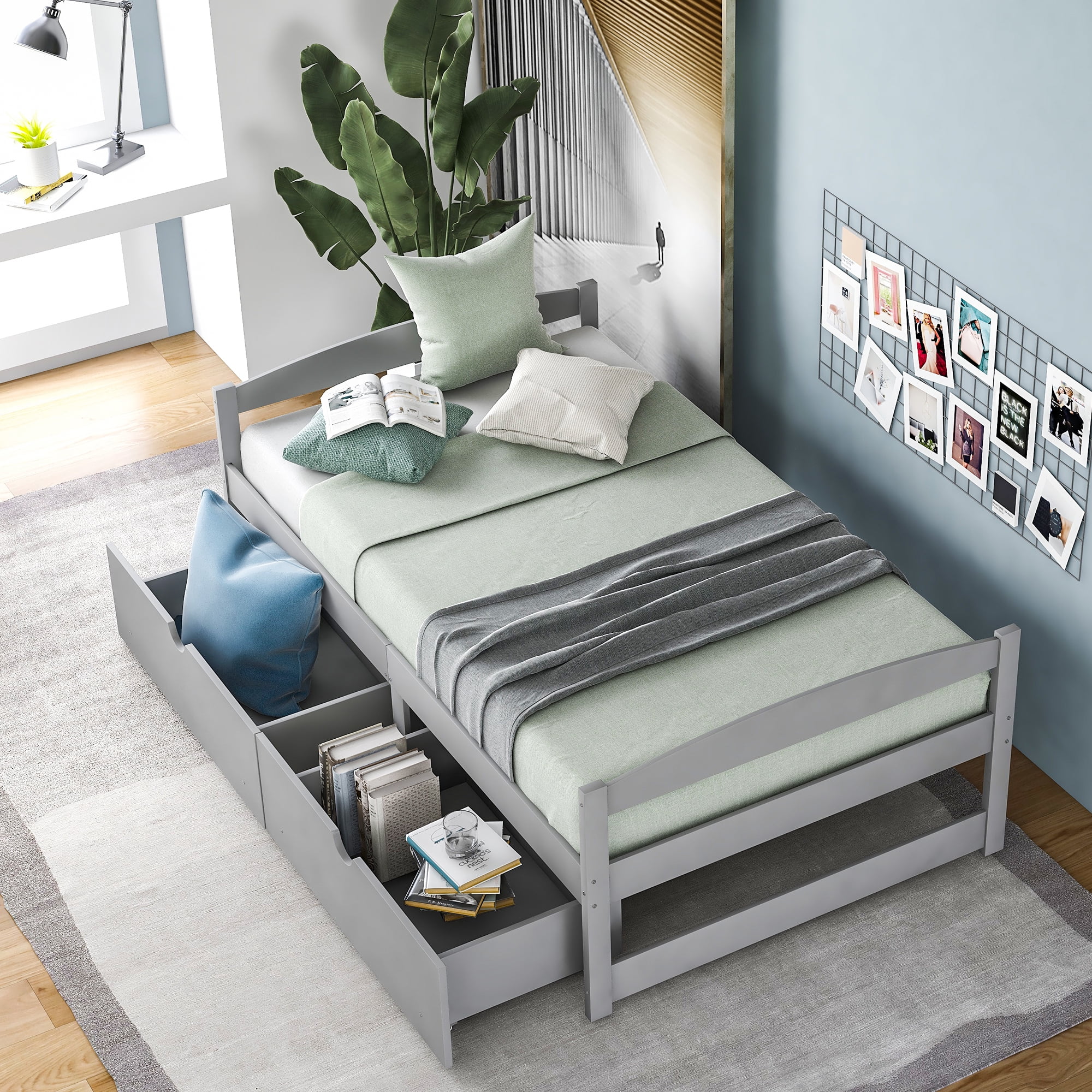 Euroco Twin Size Wooden Daybed with 2 Storage Drawers for Kids Bedroom, Gray
