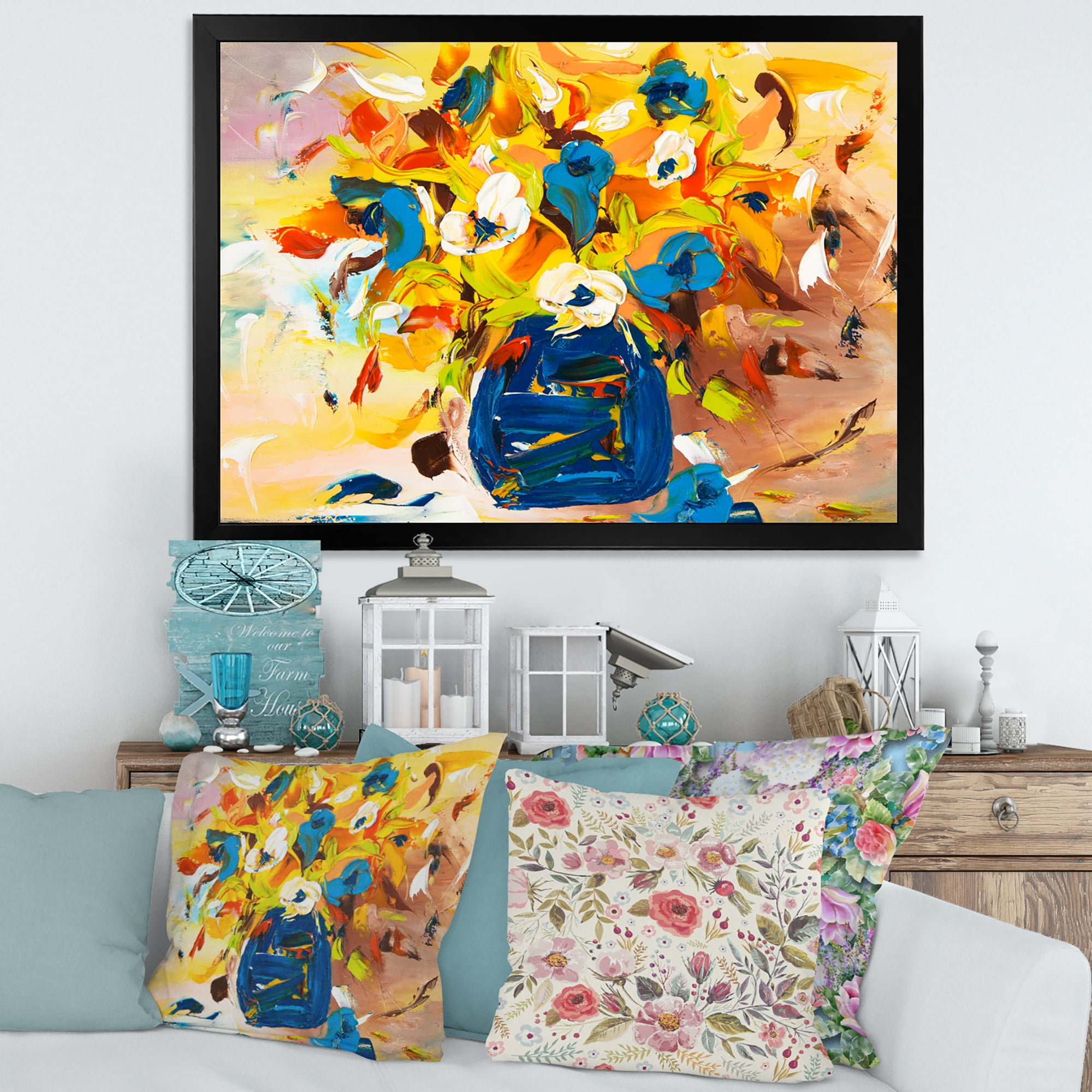 Designart 'A VIbrant Flower Bouquet In Blue and Yellow' Traditional Framed Art Print