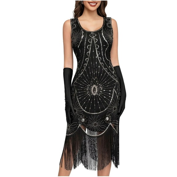 BLTIBY Women's 1920s Fringed Dress Flapper Costume Vintage Sequin Beaded Tassels Hem Prom Sleeveless Round Neck Cocktail Evening Dresses Gatsby Dress White XL