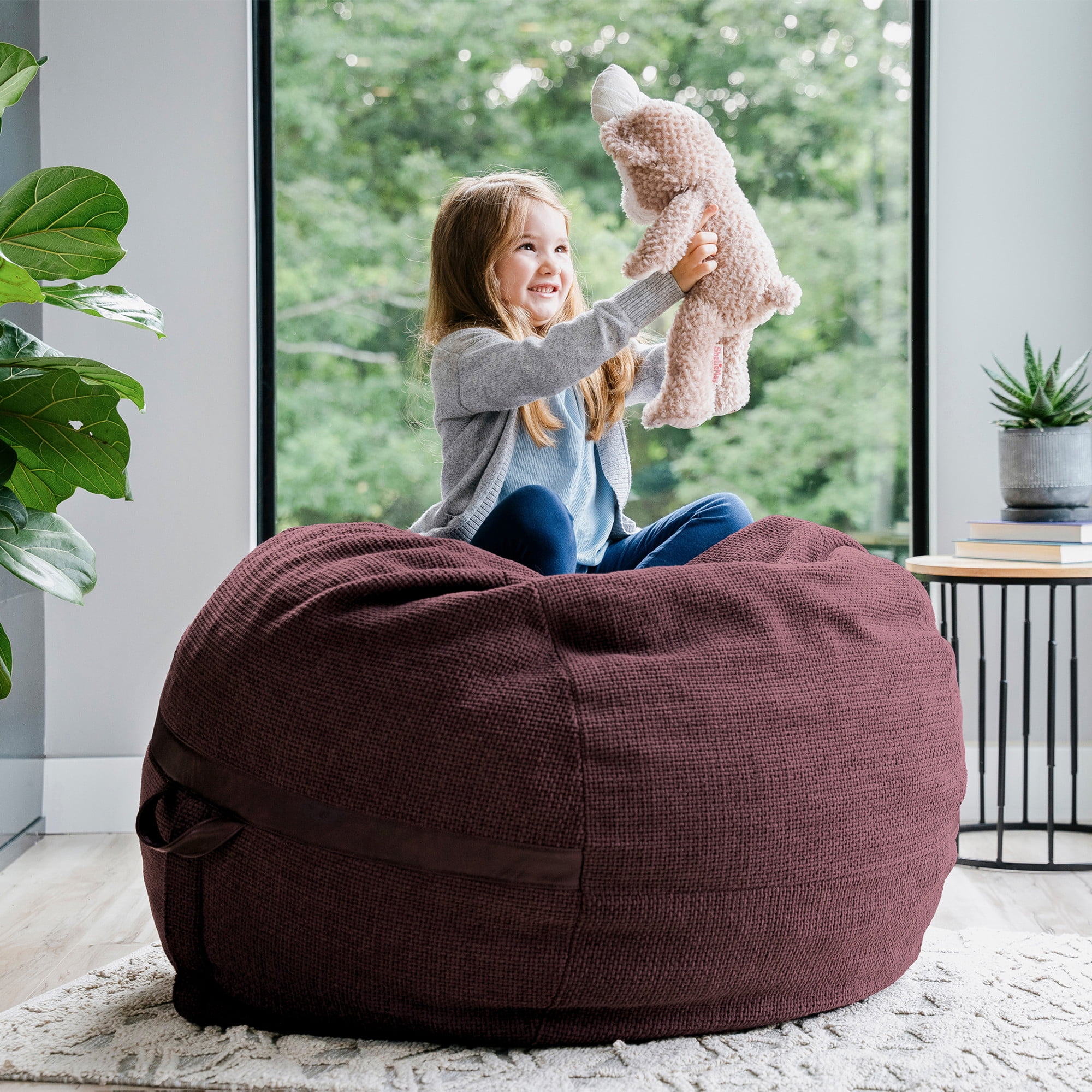 Big Joe Fuf 4Ft Foam Bean Bag Chair with Removable Cover for Kids, Teens, Merlot Cloudweave, 4 foot Large Reading and Gaming Seat