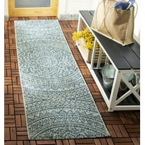 SAFAVIEH Courtyard Josiah Floral Medallion Indoor/Outdoor Runner, 2'3" x 8', Light Grey/Teal