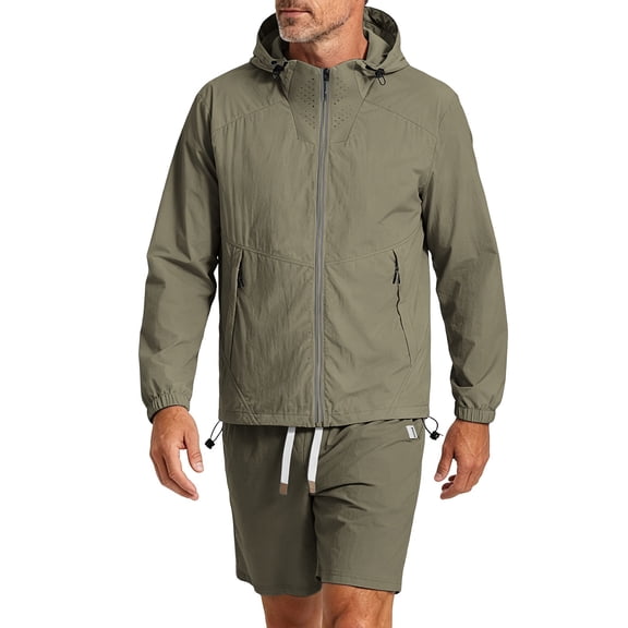 LEKWK Tracksuit Men Windbreaker Lightweight 2 Piece Outfit Full Zip Hooded Jacket and Shorts Matching Sets Activewear for Gym Running Biker Workout