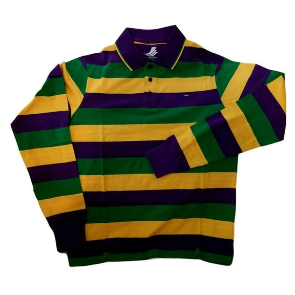Child Small Mardi Gras Stripe Purple Green Yellow Long Sleeve Polo Shirt