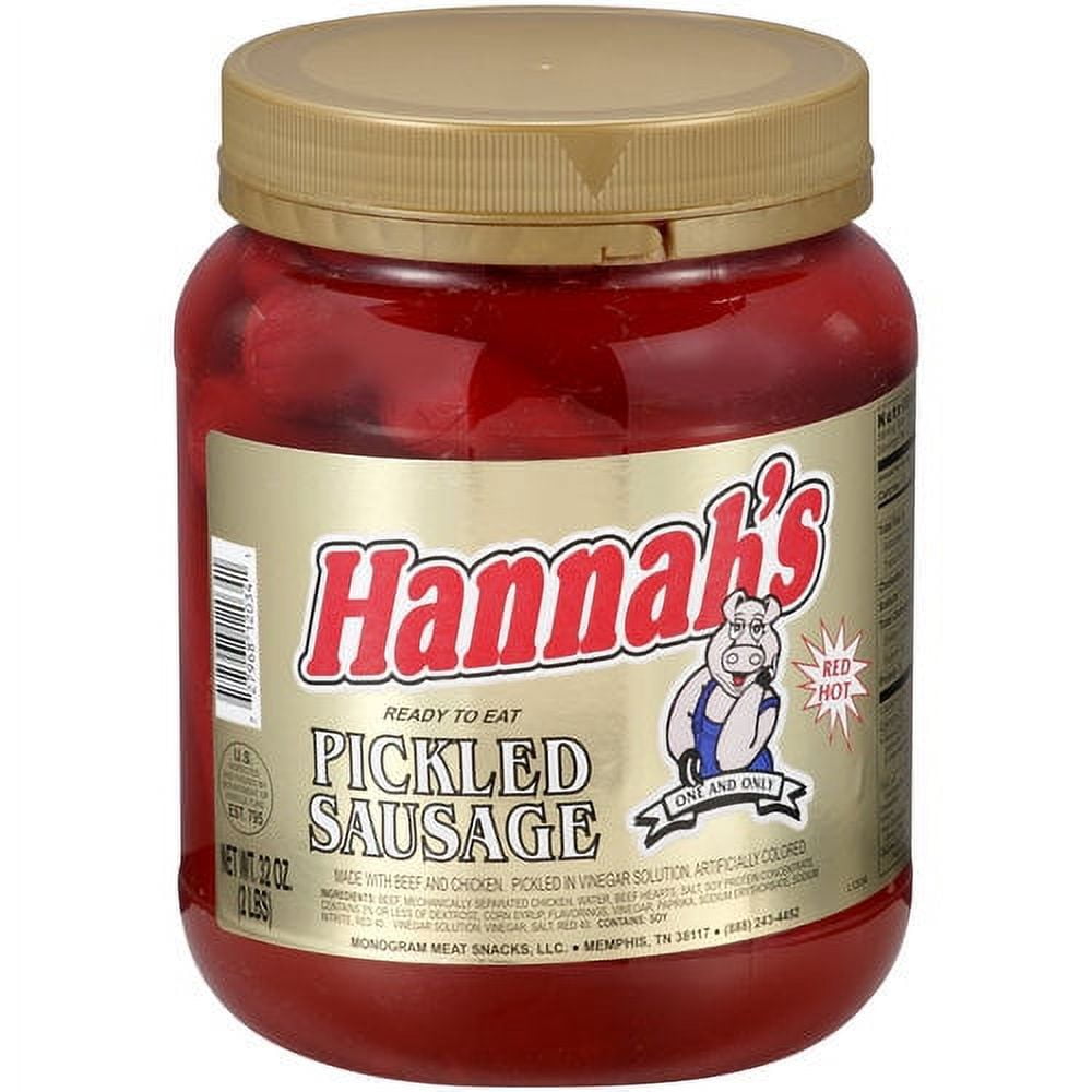 Hannah's Red Hot Pickled Sausage, Shelf Stable and Ready to Eat in 32oz Jar