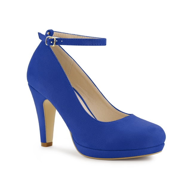 BLISSFUL STEP Chaussures pour Femmes Bout Rond Talon Aiguille Bride à la Cheville Escarpins Bleu Foncé 8.5