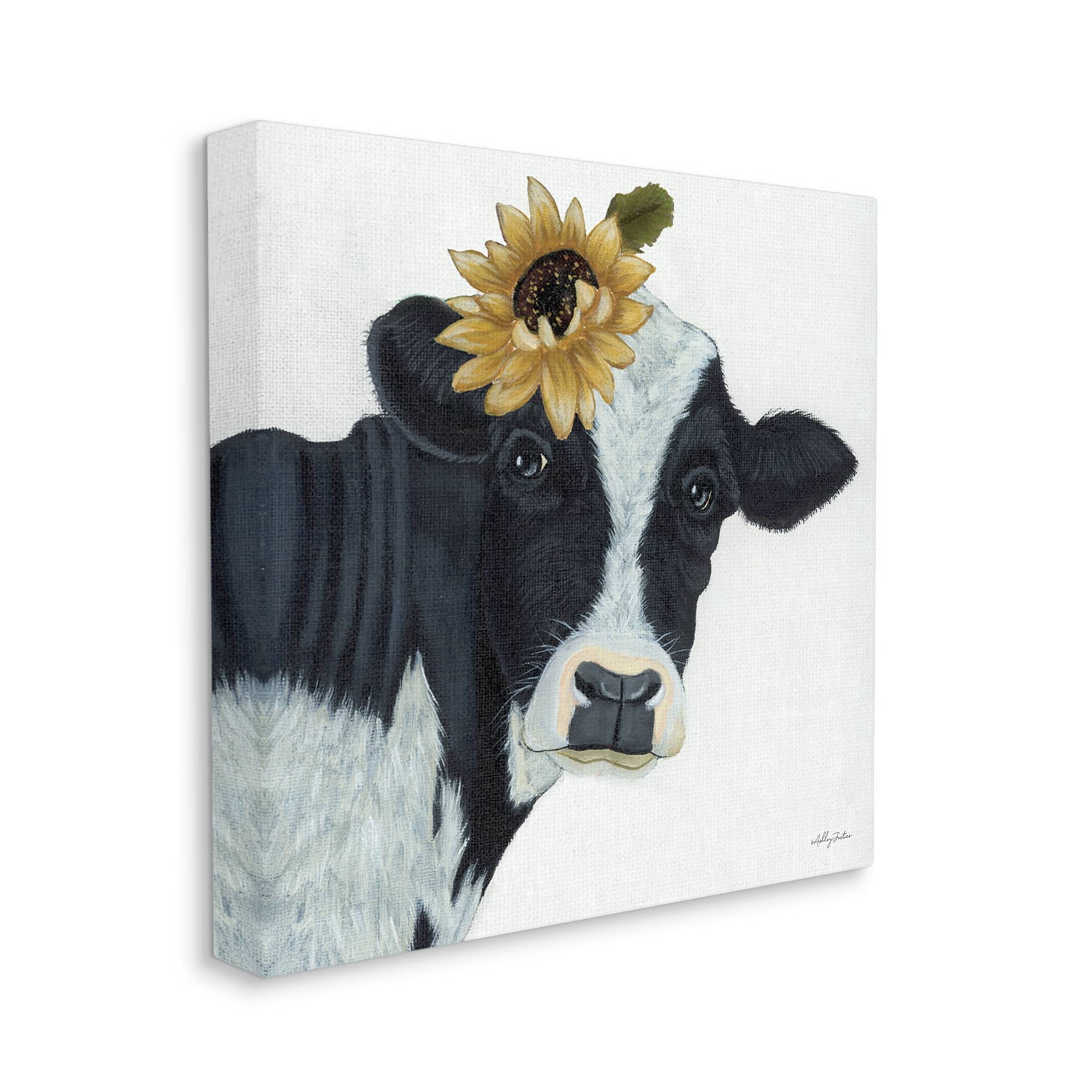 Stupell Cow Portrait Sunflower Blossom Farmhouse Animals & Insects Painting Gallery Wrapped Canvas Print Wall Art