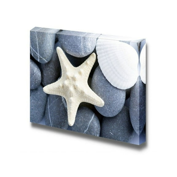 Canvas Prints Wall Art - Natural Spa Elements- Seashell with Starshell and Stones on White - 24" x 36"