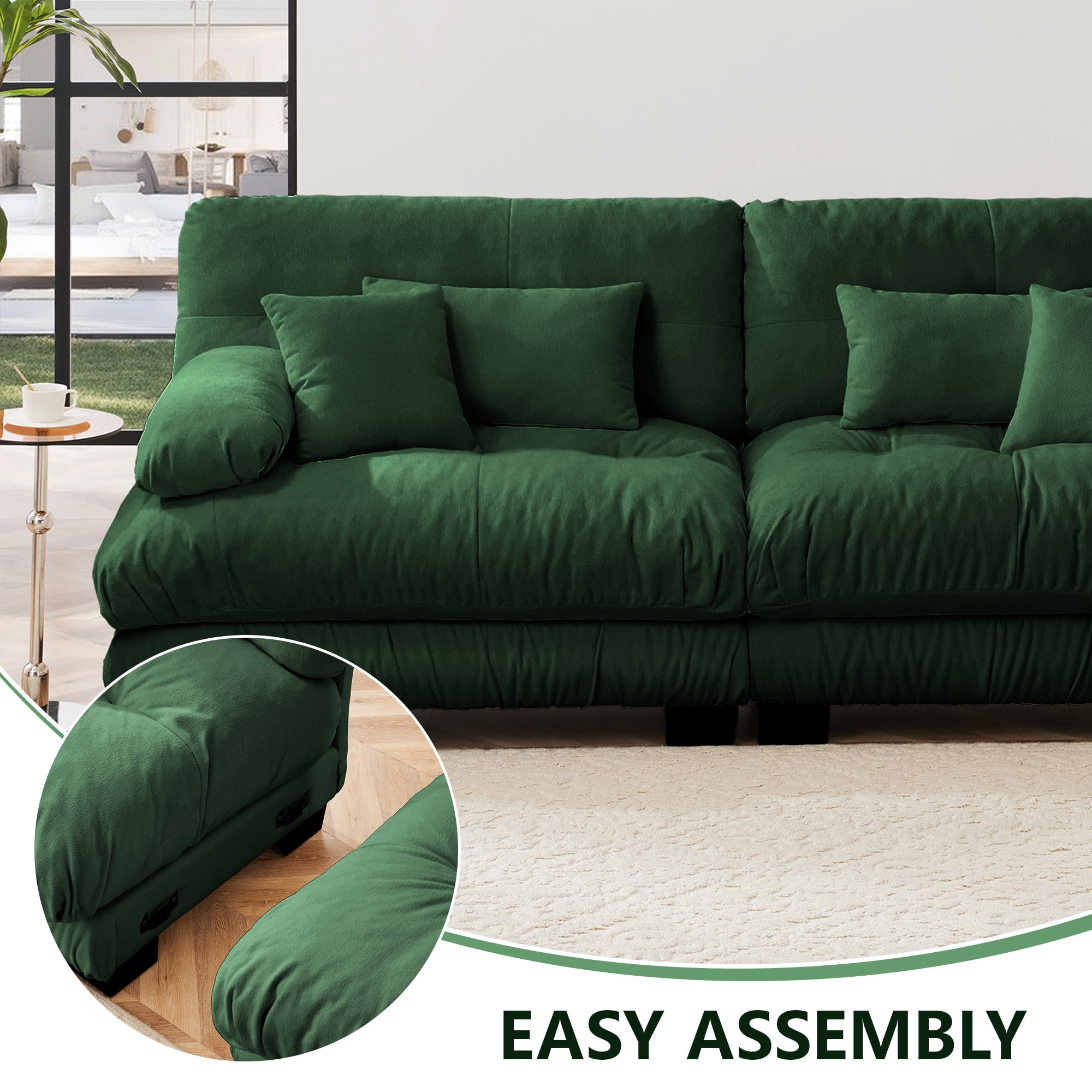 Alvantor 94" Modular Sectional Sofa with Convertible Ottomans, Chenille L-Shaped Cloud Sofa 2 Seat Oversized Couch for Living Room Green