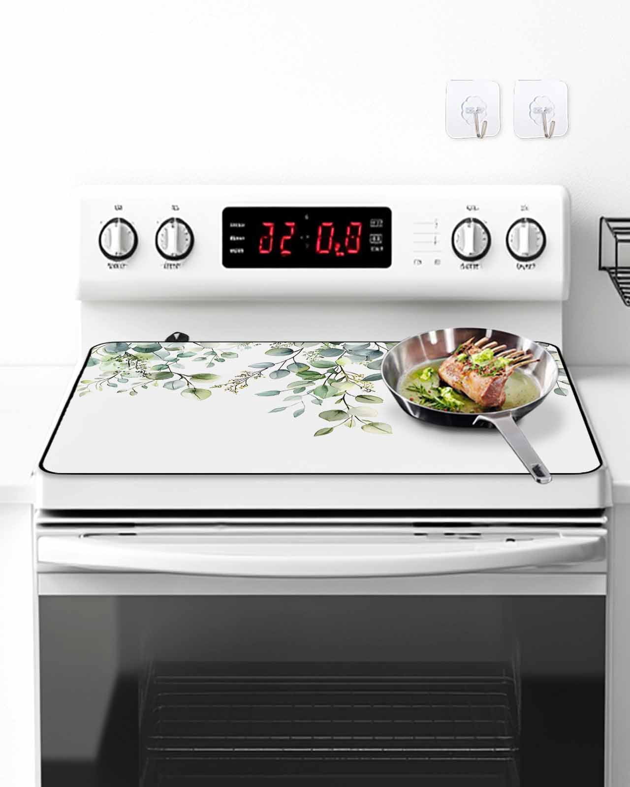 Stove Top Covers for Electric Stove, Green Eucalyptus Leaves Glass Stovetop Cover Protector, Summer Watercolor Botanical Induction Cooktop Protector Oven Mat for Kitchen Countertop 24"x21"