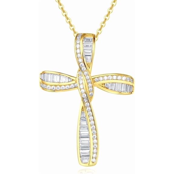 FANCIME 925 Sterling Silver Cubic Zirconia CZ Infinity Twist Open Loop Cross Pendant Necklace for Women, Yellow Gold Plated with 18" Chain