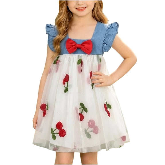 Babcutegg Charming Denim Skirt Dress With Sweet Cherry Embellishment Breathable Sleeveless Design For Little Girls White Size 2T