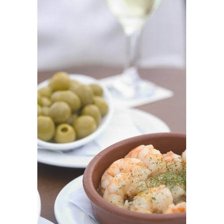 Spain Tapas (olives and prawns) with glass of wine Barcelona Stretched Canvas - Ian Cumming  Design Pics (12 x