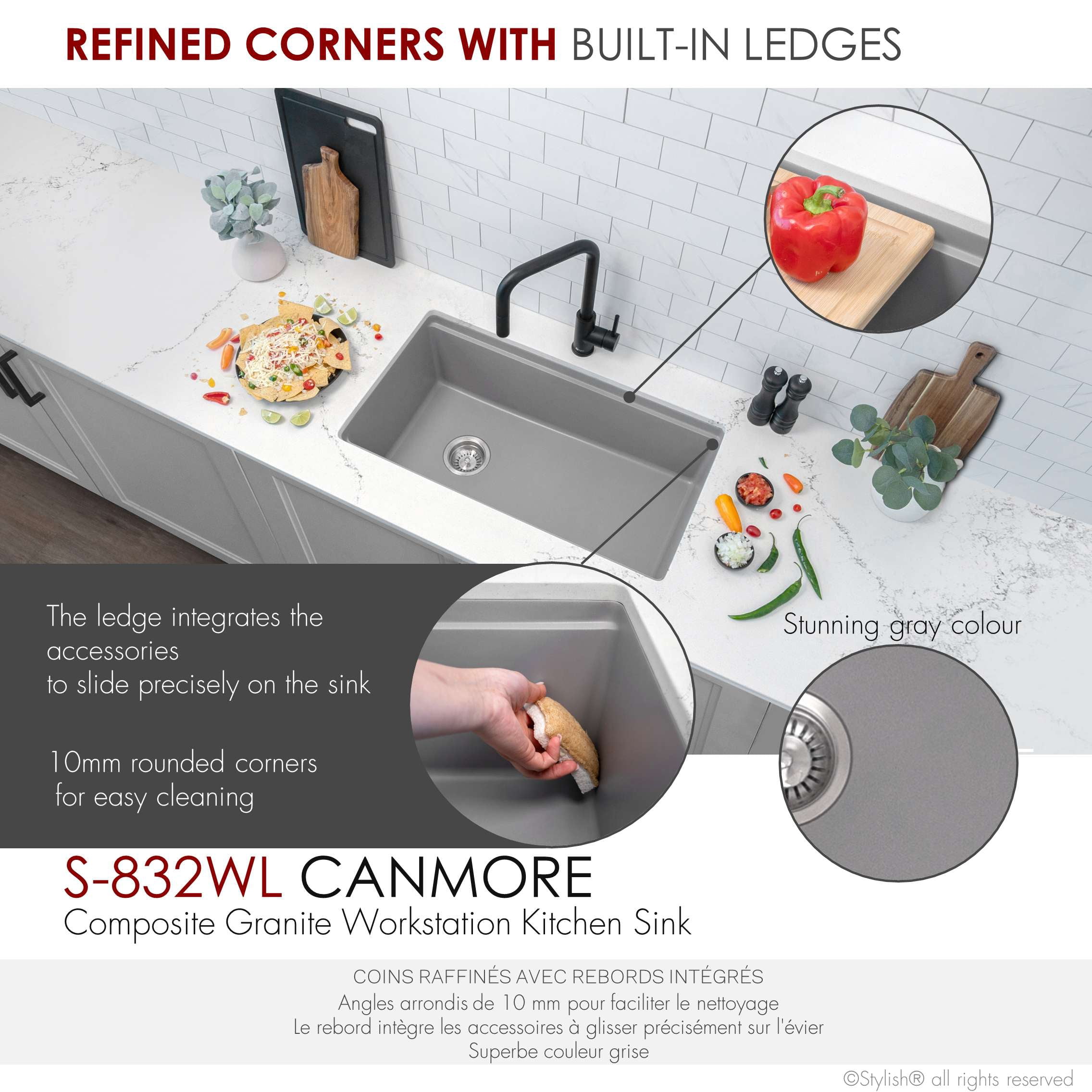 Stylish Dual Mount 32" Gray Composite Granite Single Bowl Kitchen Sink with 4 accs S-832WL