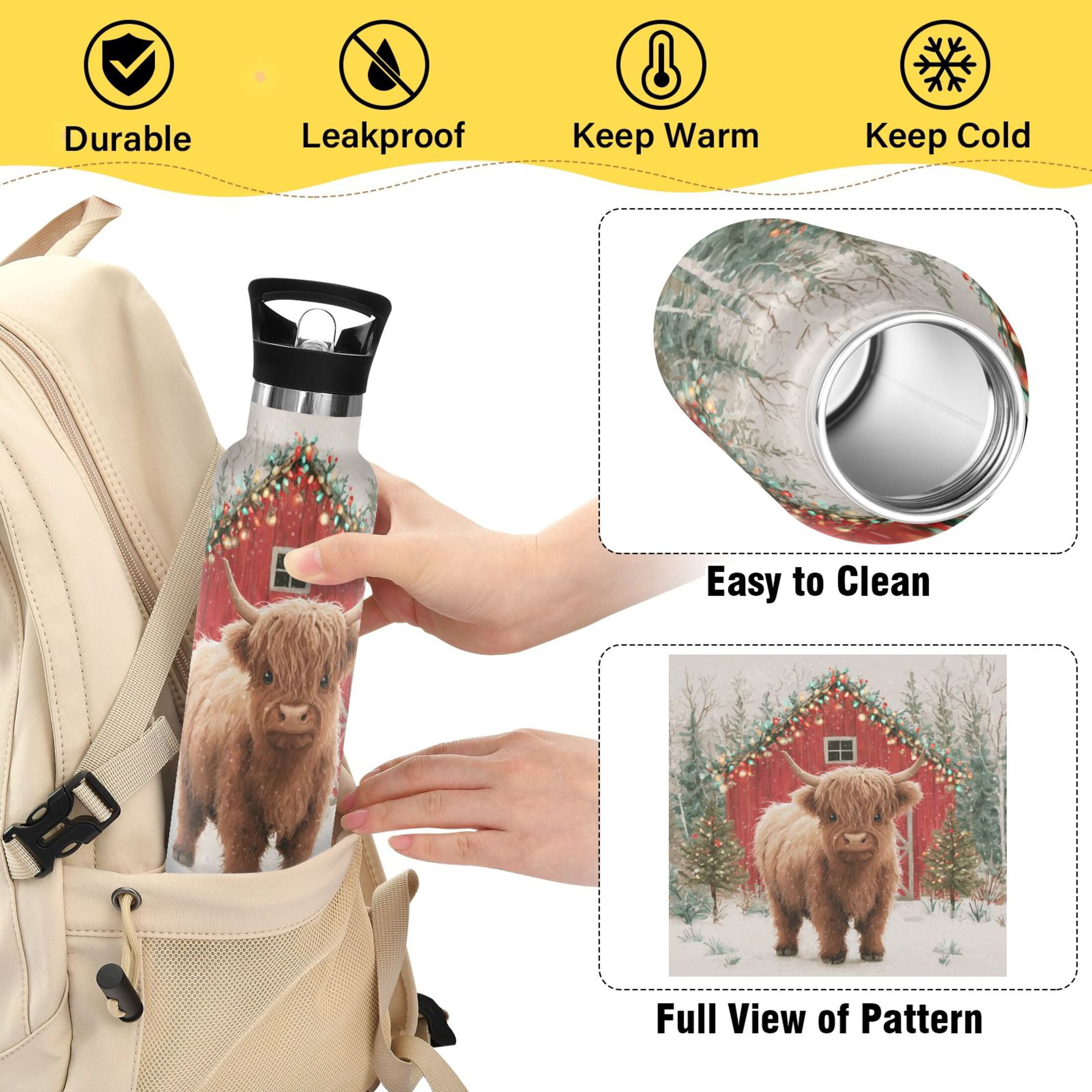Kids Insulated Stainless Steel Sports Water Bottle 600ml (20oz) Cute Highland Cow Pattern