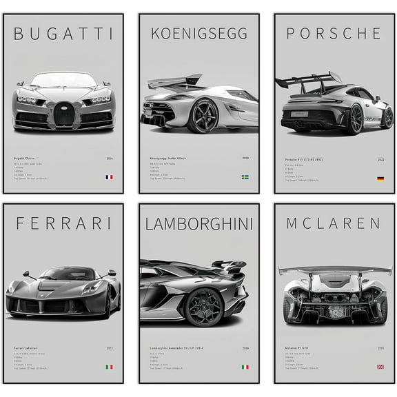 Car Canvas Poster Wall Art, Supercar Art Prints, 6pac/Set (6 Set, 8 x 12 in Unframed)