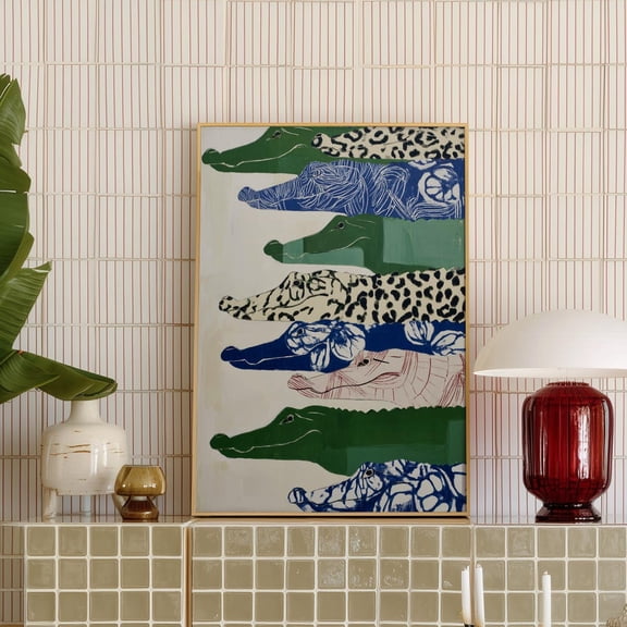 Wall Art Print, Japandi Alligator Poster, Green Blue Animal Artwork, Bold Patterned Art Decor UNFRAMED PAPER POSTER, Home Decor, Vintage Gift, Living Room Dercor