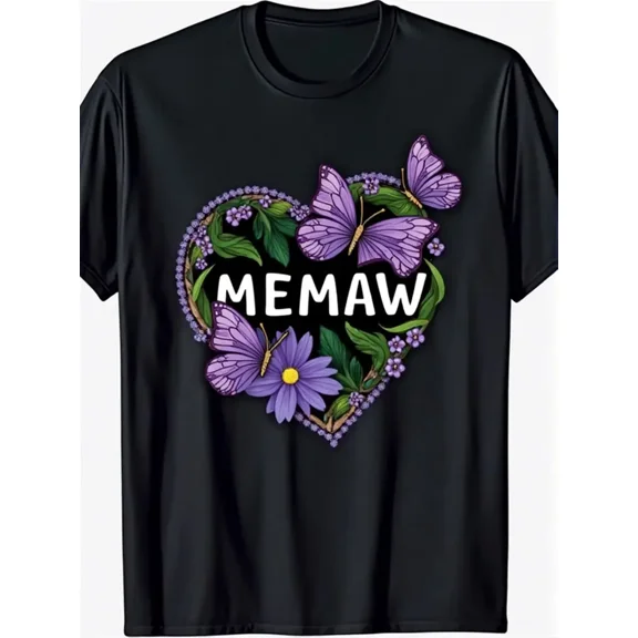 Women's Bold MEMAW Graphic T-Shirt - Floral Heart & Butterfly Design with Green Foliage - Black Cotton Short Sleeve Round Neck Tee - Comfortable Casual Fit for Grandma Gifts