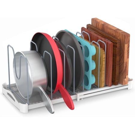 EVERIE Adjustable Bakeware Organizer Pot Lid Holder Rack for Pots, Cake Molds, Cutting Boards, Mats, Cookware, GS02SS, 7.7'' Deep by 12.6'' to 21.5'' Wide