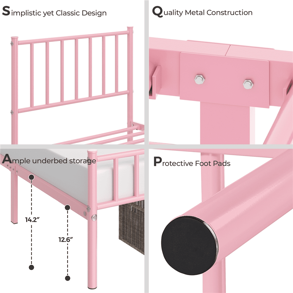 Renwick Justin Metal Platform Bed with Spindle Headboard and Footboard, Twin, Pink, Adult