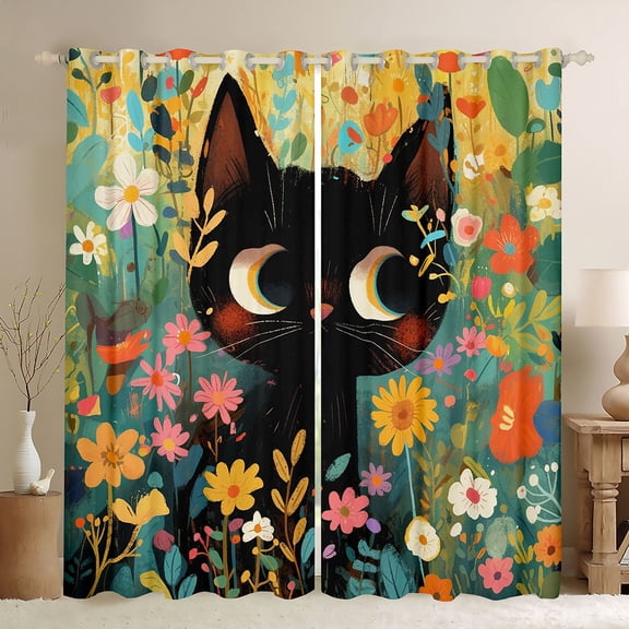 Homewish Kawaii Cat Kitten Black Out Curtains,Cute Daisy Floral Curtains Pack of 2 (42x63 Each),Green Black Orange Bedroom Curtains For Girls Kids,Microfiber Bedroom Decor
