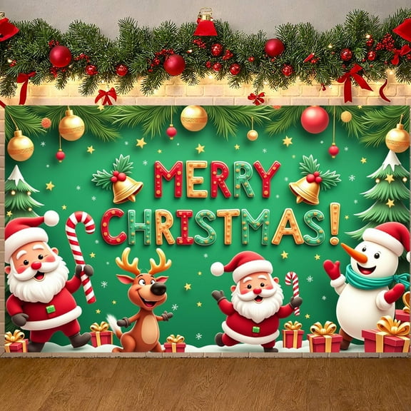 Colorful Christmas Banner Festive Xmas Display Golden Bells Snowman Holiday Backdrop for Home Party Christmas Celebration Photo Backdrop
