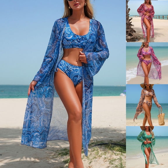 Babcutegg Womens 3PC Swimsuit Set Beach Wear with Smock Tie Back Beach Wear Clothes for Women Blue Size S