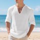 thumbnail image 1 of pstuiky manga larga para hombre, Top informal holgado de color liso con medio botón, mangas largas y cuello redondo para hombre top de hombre xl, 1 of 6