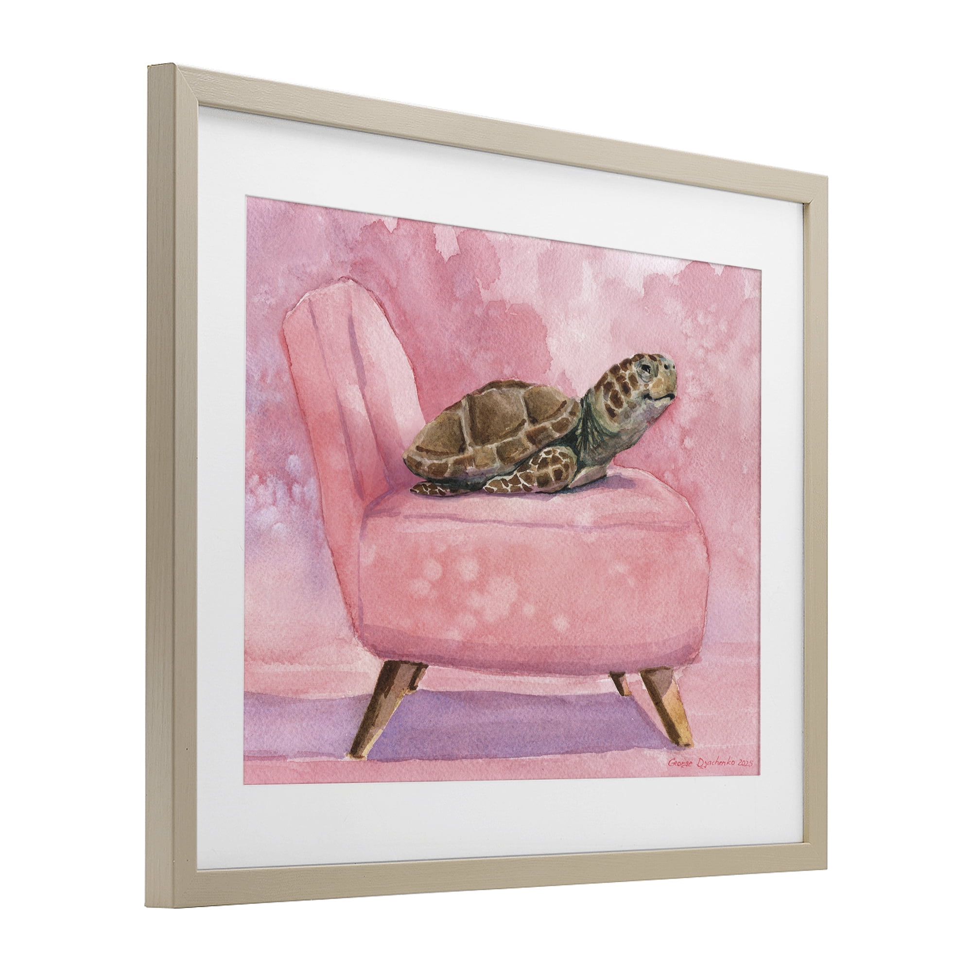 Stupell Industries Happy Turtle on Pink Chair Birch Framed Print Under Glass, design by George Dyachenko